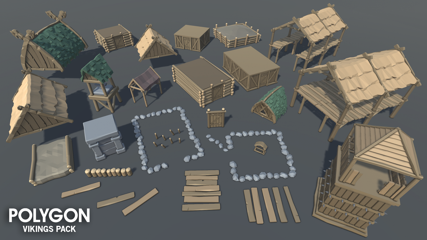 Low poly viking building materials for homes and farming