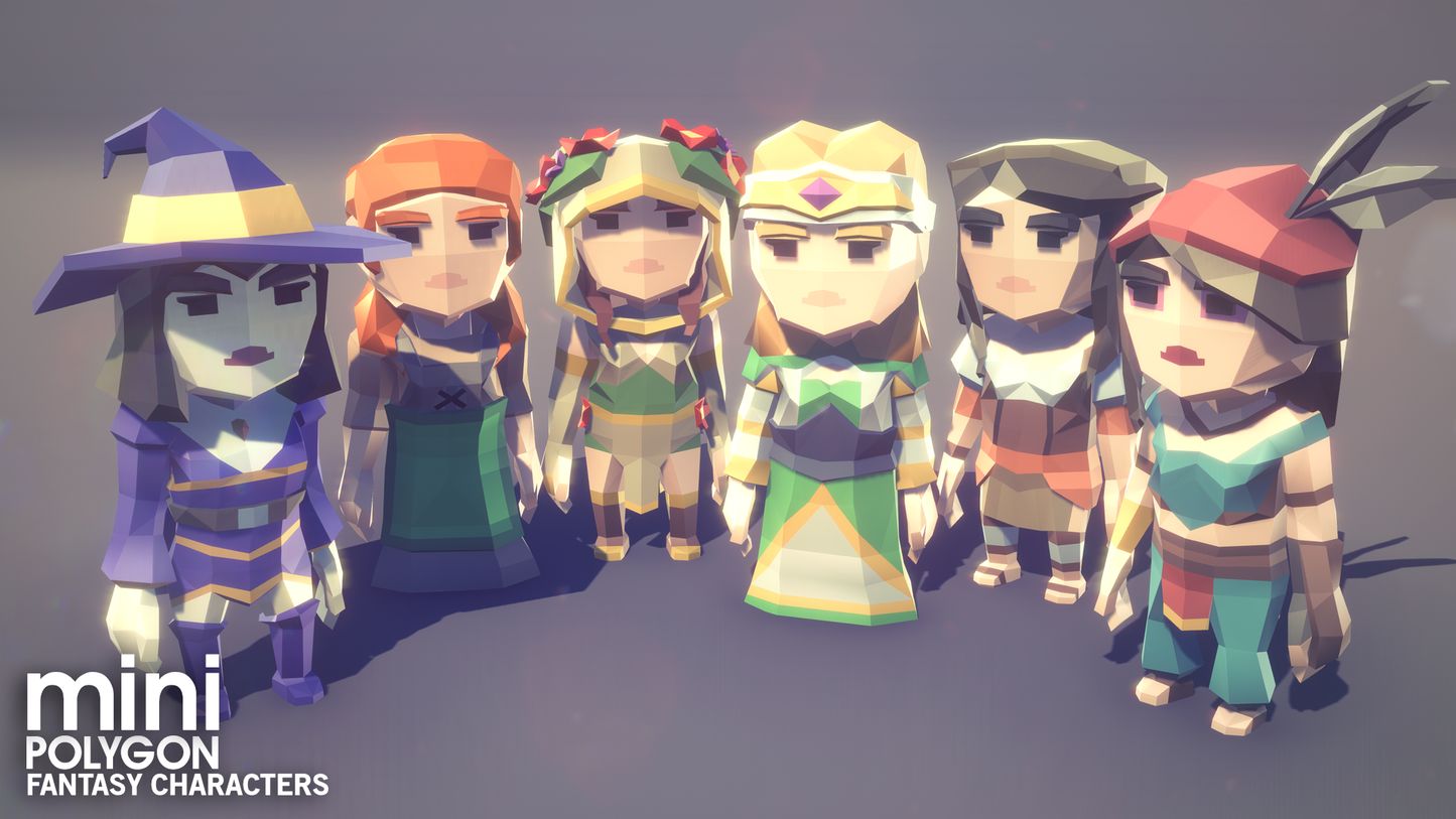 Miniature fantasy characters including female mages, princesses and witches for mobile game development