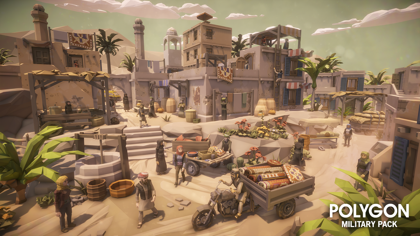 A low poly town square market in a desert city