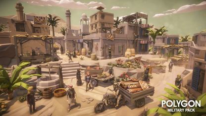 A low poly town square market in a desert city