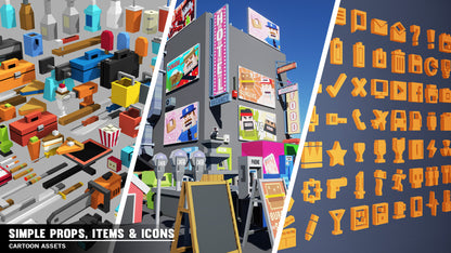 Three different examples of signs, icons and props from the Simple Props asset pack