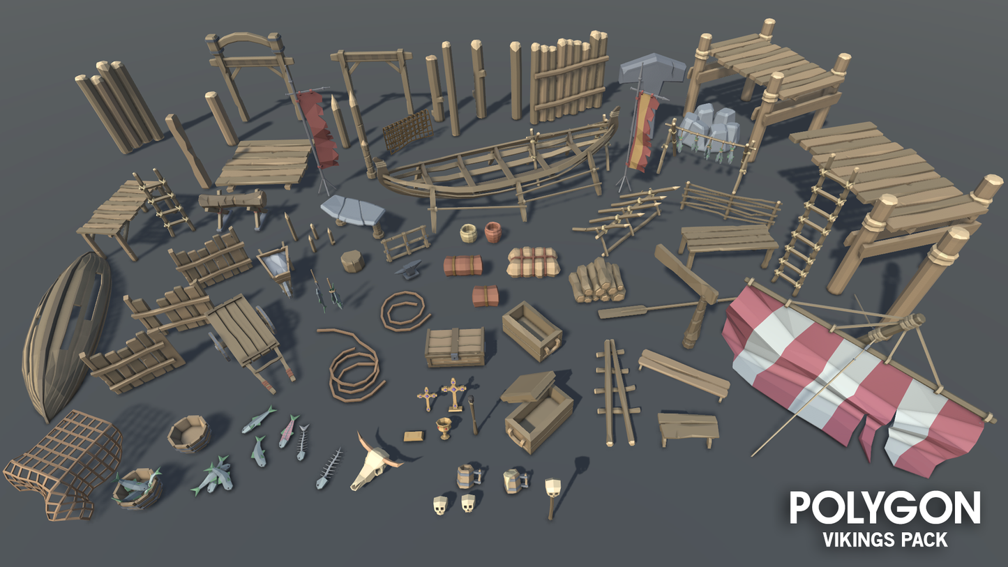 Low poly viking harbour assets for game development