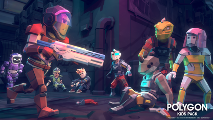 Low poly kid characters in a sci fi setting weilding laser weaponry arresting a young suspect