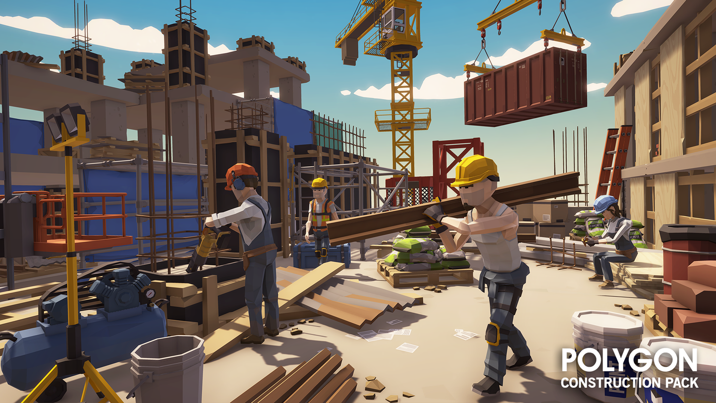 Game characters carrying rebar and power tools at a construction site