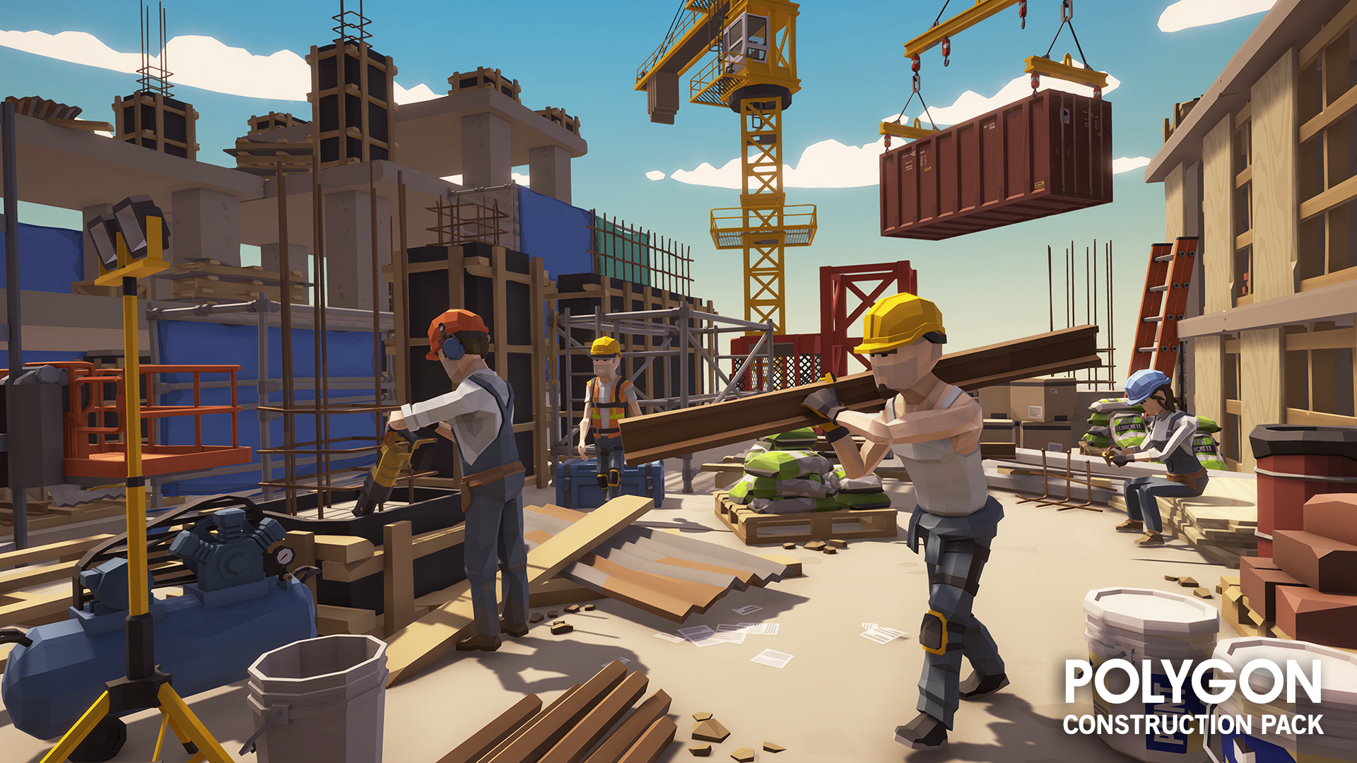 Game characters carrying rebar and power tools at a construction site