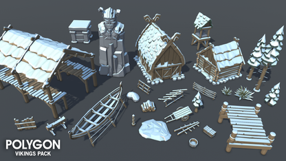 Snow covered low poly viking village assets