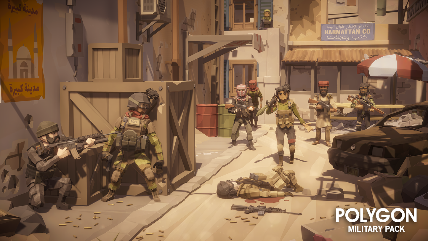 Two soldiers hiding behind crates as a group terrorists approach their squadmate lying prone on the floor