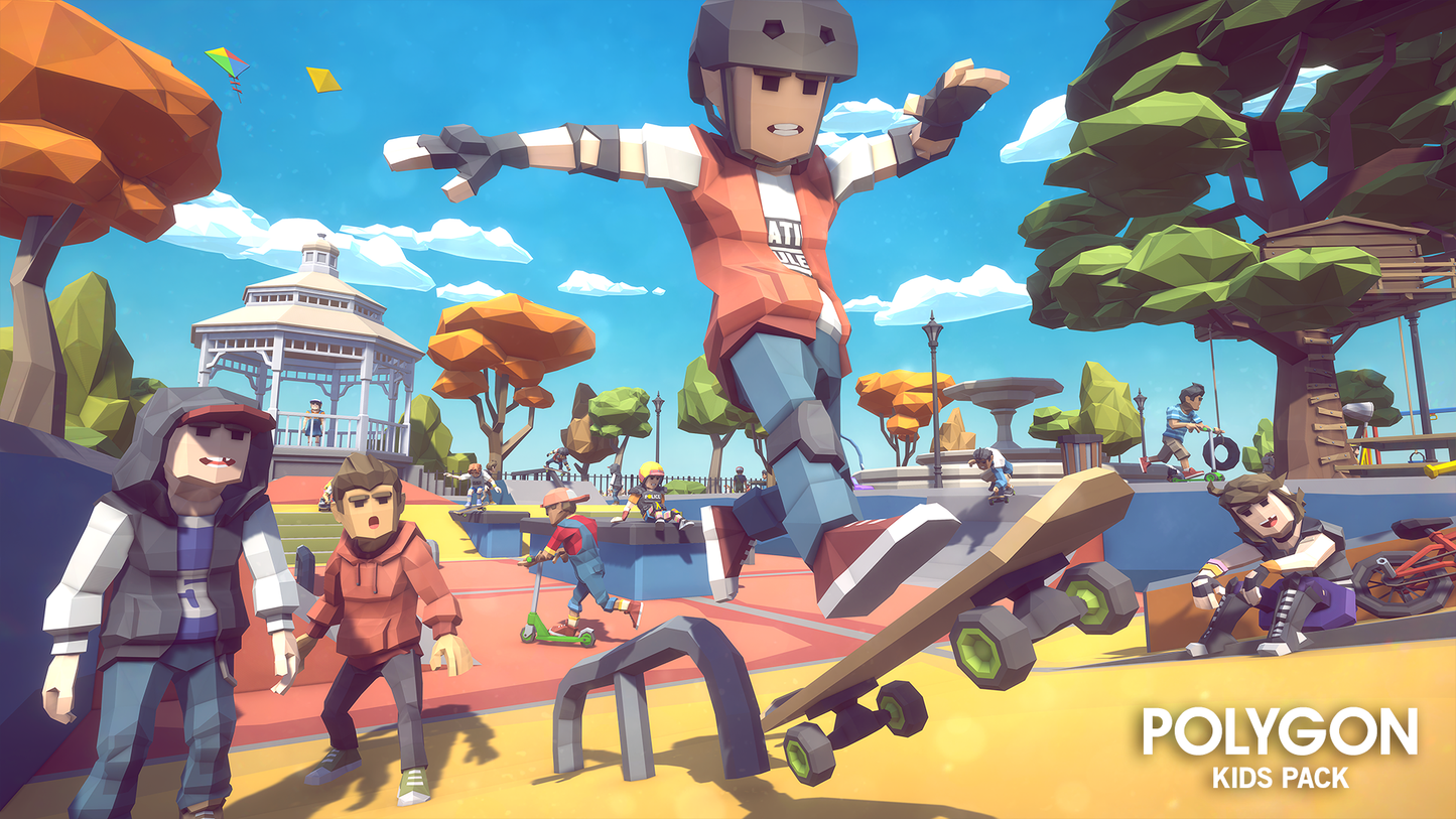 Low poly kid characters skateboarding at a public park