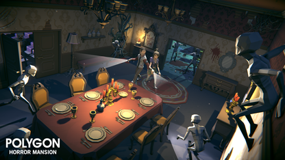 Two characters holding flashlights entering a horror mansions dining room where ghouls are emerging from the walls and other rooms to confront them