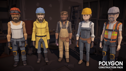 Work crew and staff character assets for construction site and building game environments