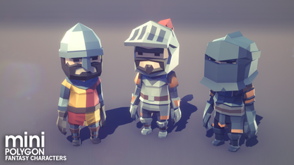 Miniature fantasy characters including armoured characters and dueling knights for mobile game development