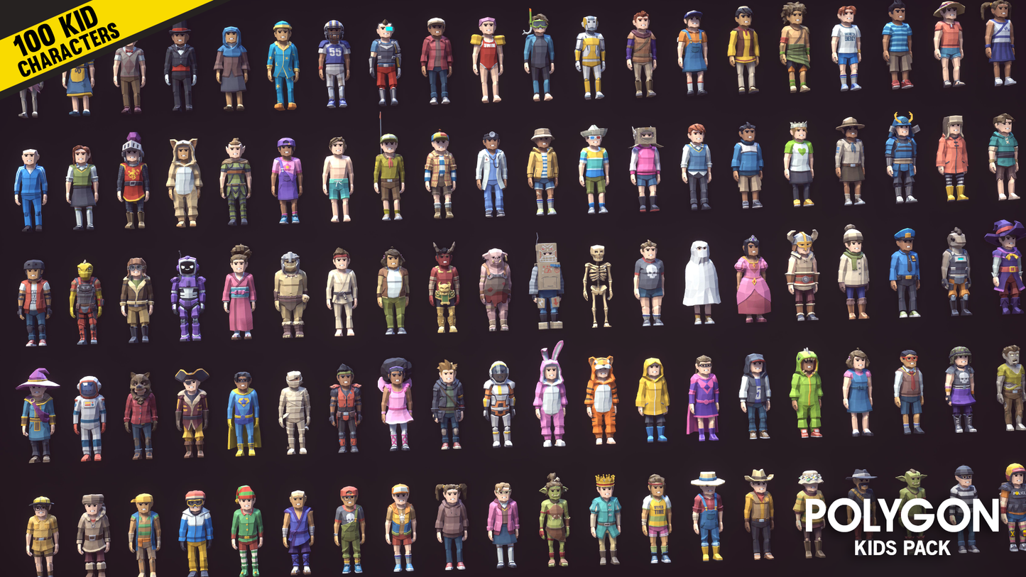 100 kid character options in the POLYGON KIds Pack for Unreal Engine and Unity game development