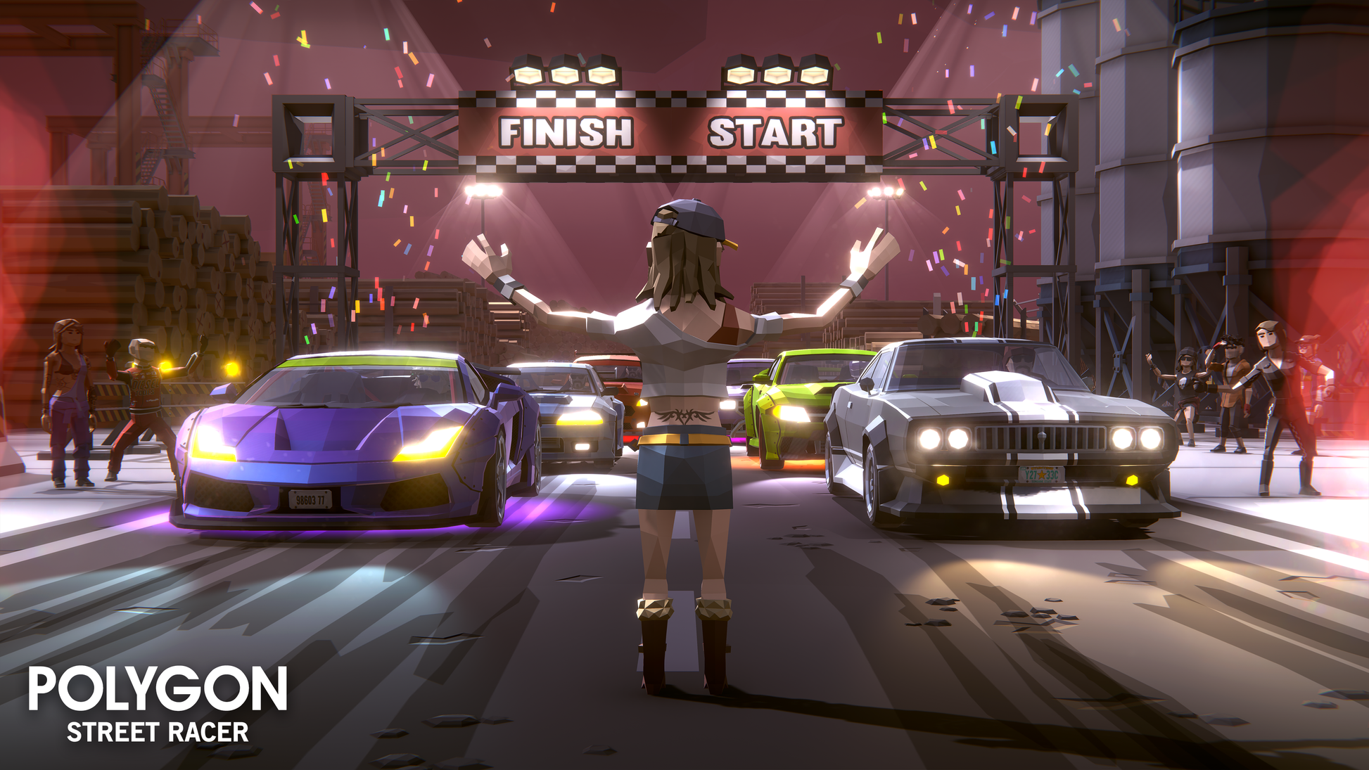 A female figure standing in front of street racing cars about to give the start signal for the race