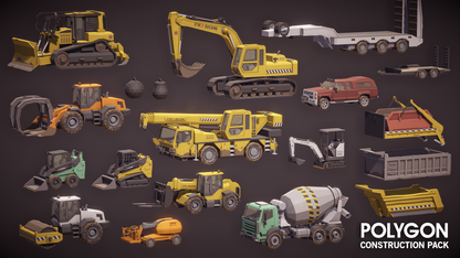 Construction and building site low poly vehicles