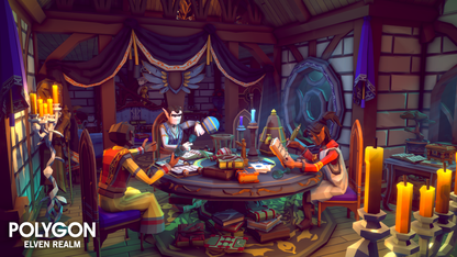 Three elven alchemists creafting potions seated around a table with books, candles and scrolls covering most of the surfaces