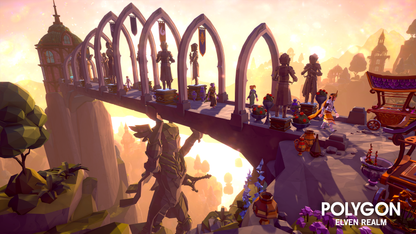 Elven mountain bridge and footpath towards the city at sunset