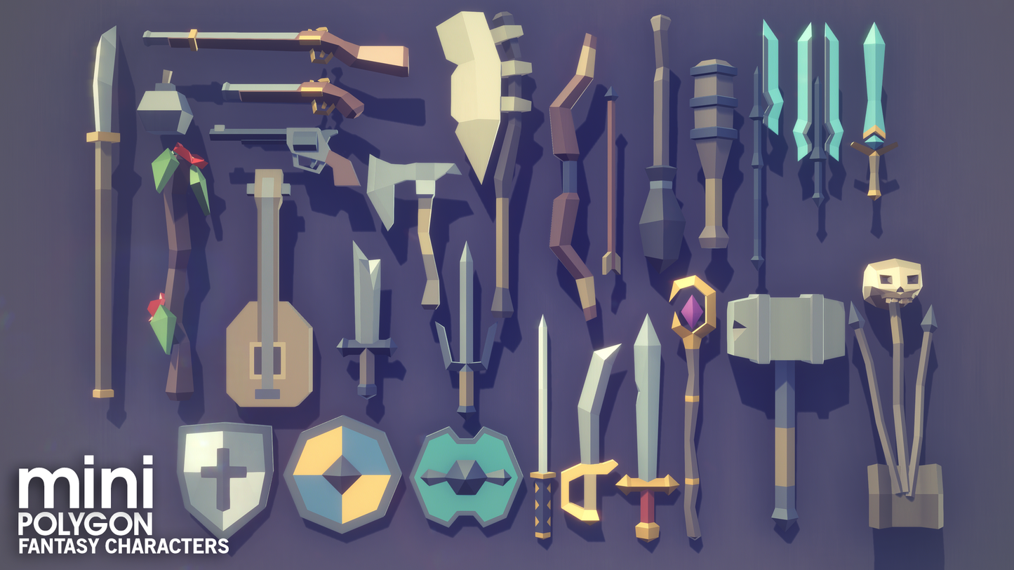 Mobile game fantasy character props including shields, swords, muskets, staffs and clubs