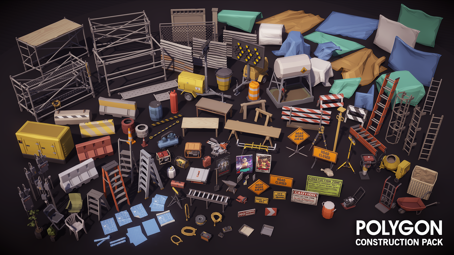 Low poly work site game objects and props