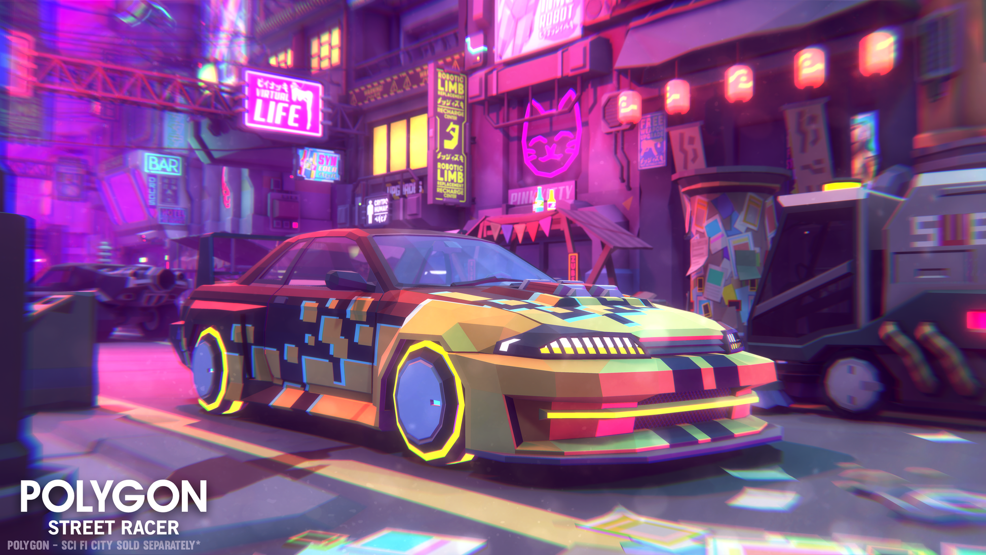 A customised street racing car driving along a neon lit city road