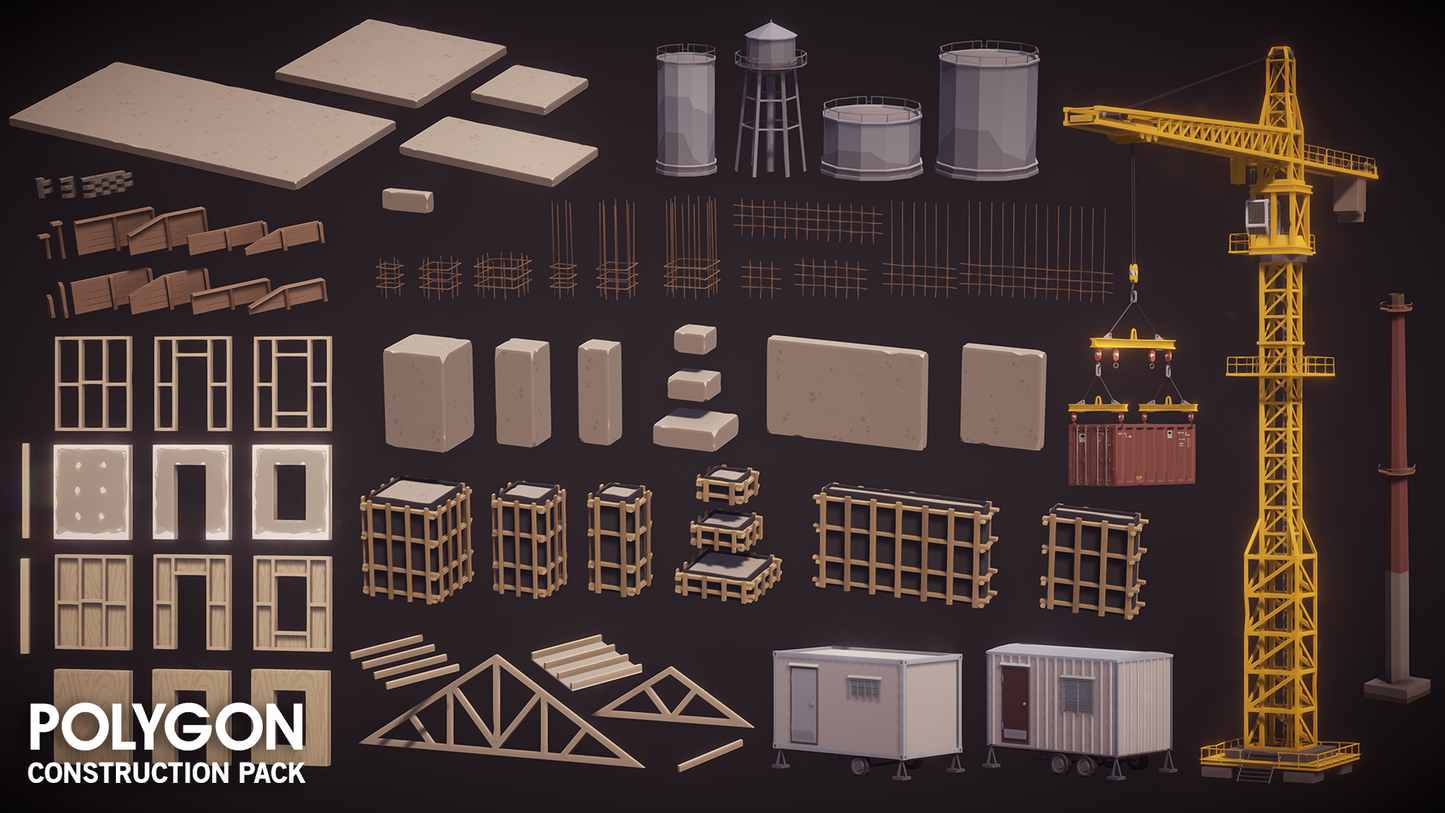 Low poly cranes and prefab construction assets