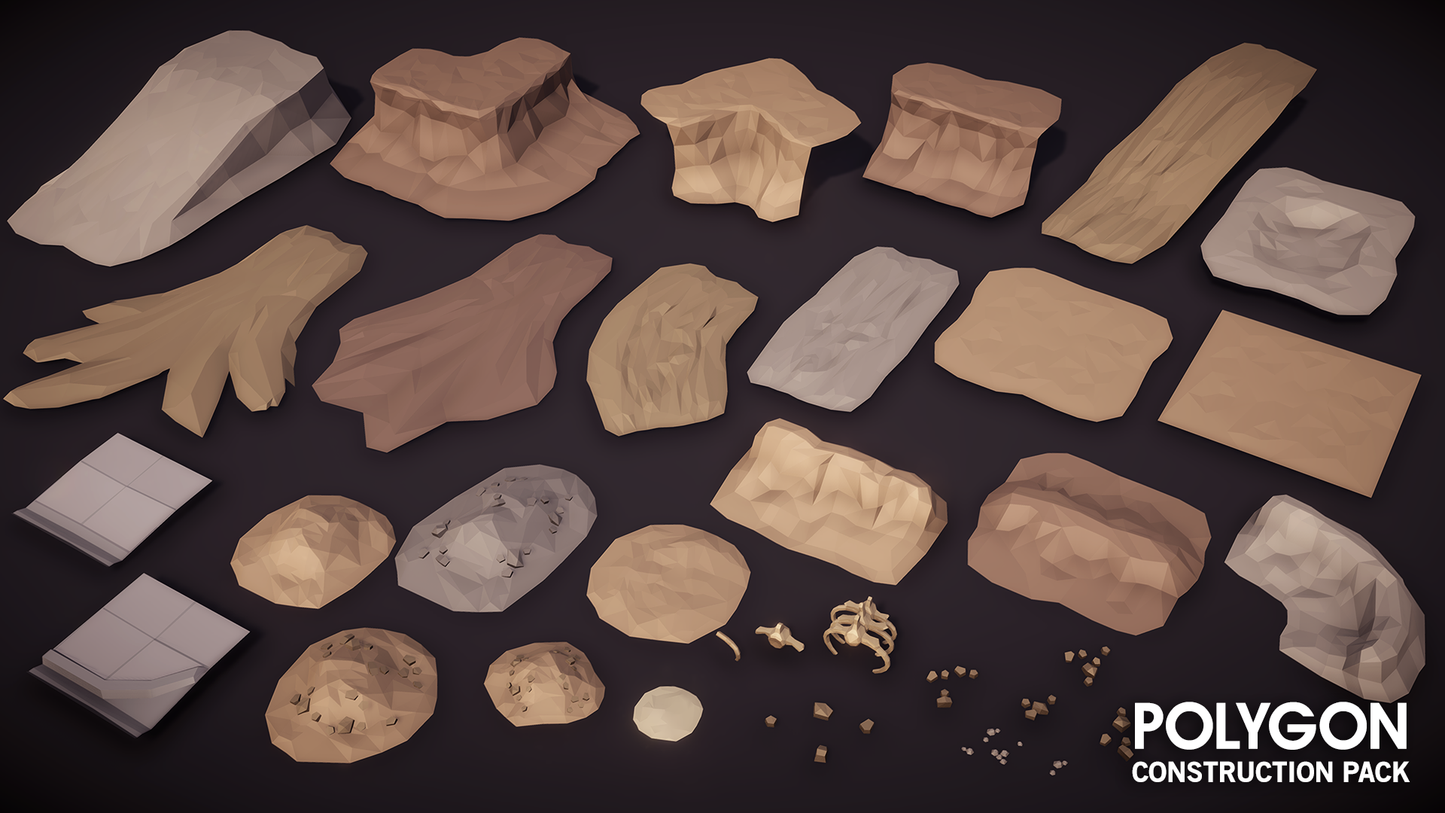 Low poly construction resources including rock, clay and concrete textures