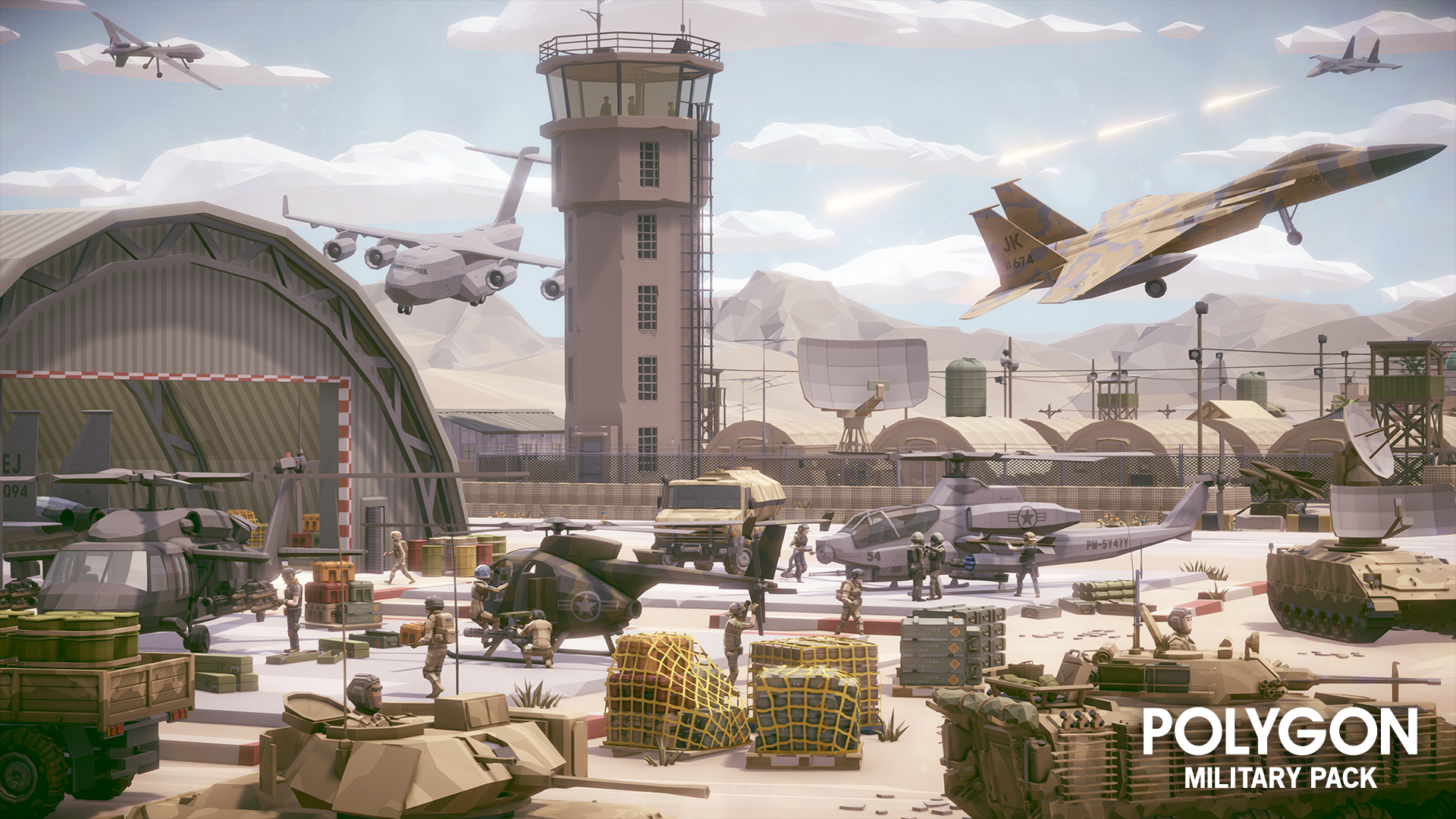 Low poly 3D airforce base in the desert with jets taking off and soldiers loading equipment onto helicopters