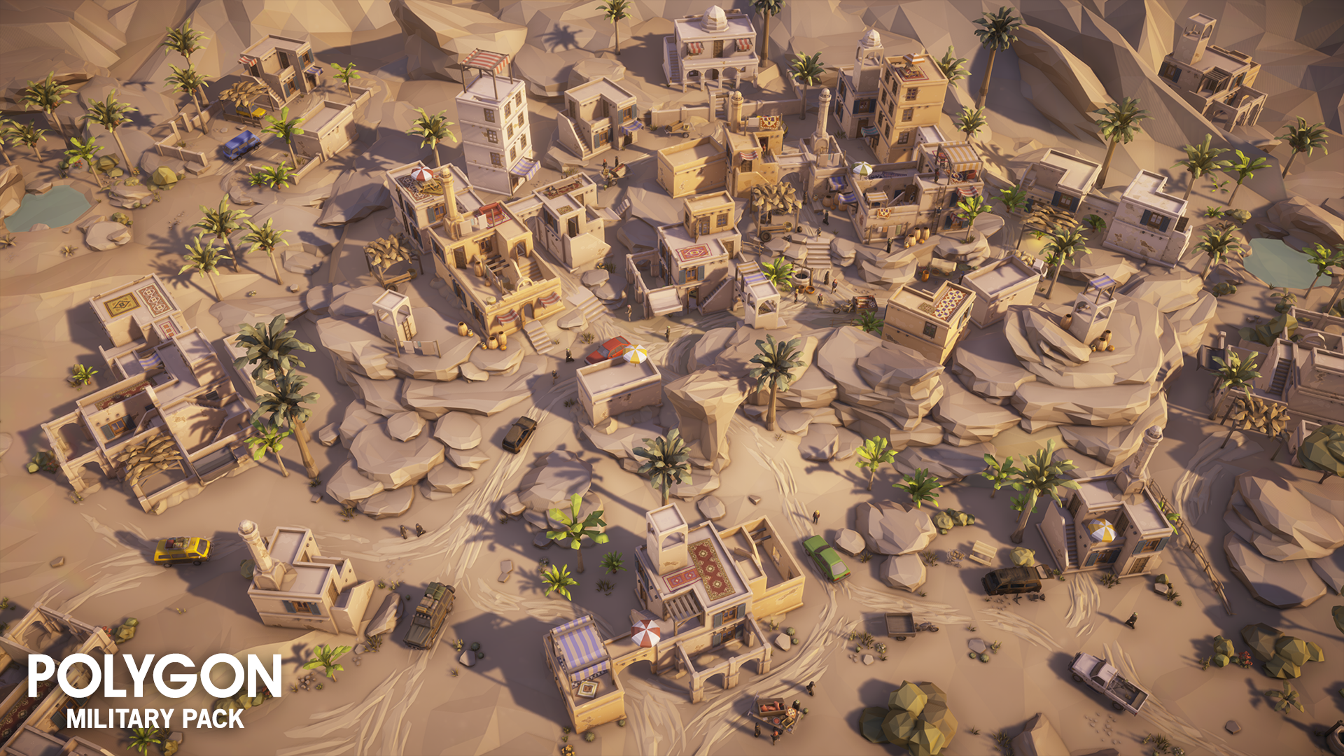 Aerial view of a 3D low poly desert town oasis