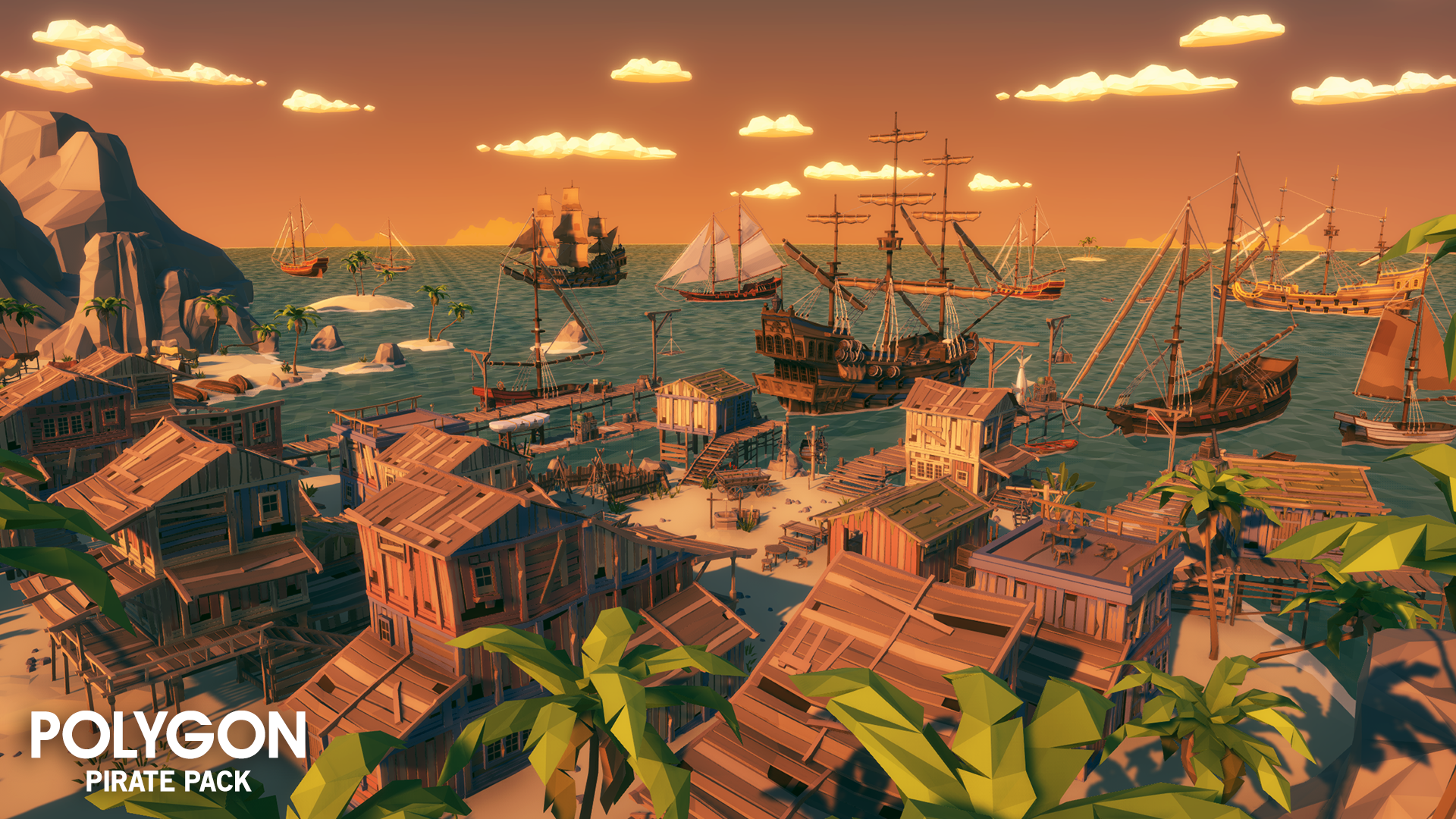 Low poly pirate ships docking in a harbour during sunset