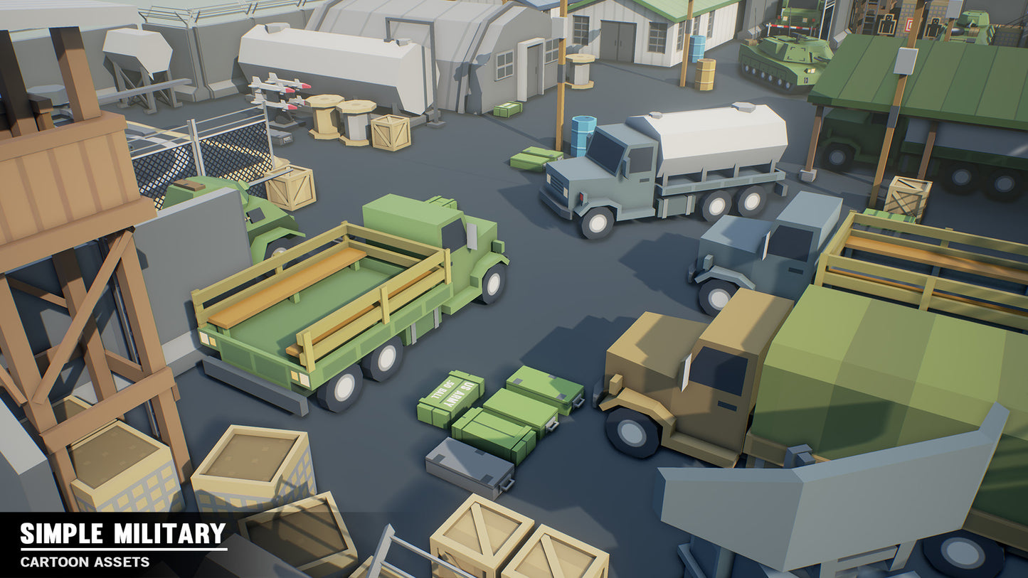 Low poly 3D military outpost with tucks unloading boxes of weapons and ammunition