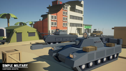 Two grey tanks on guard outside a destroyed building with a tent setup next to it