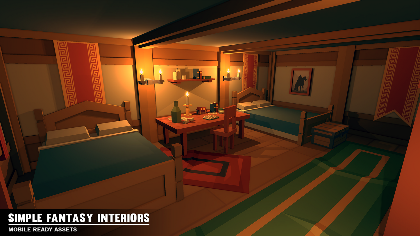 Bedroom interior for 3D low poly games including beds, rugs, wall art and bedside tables