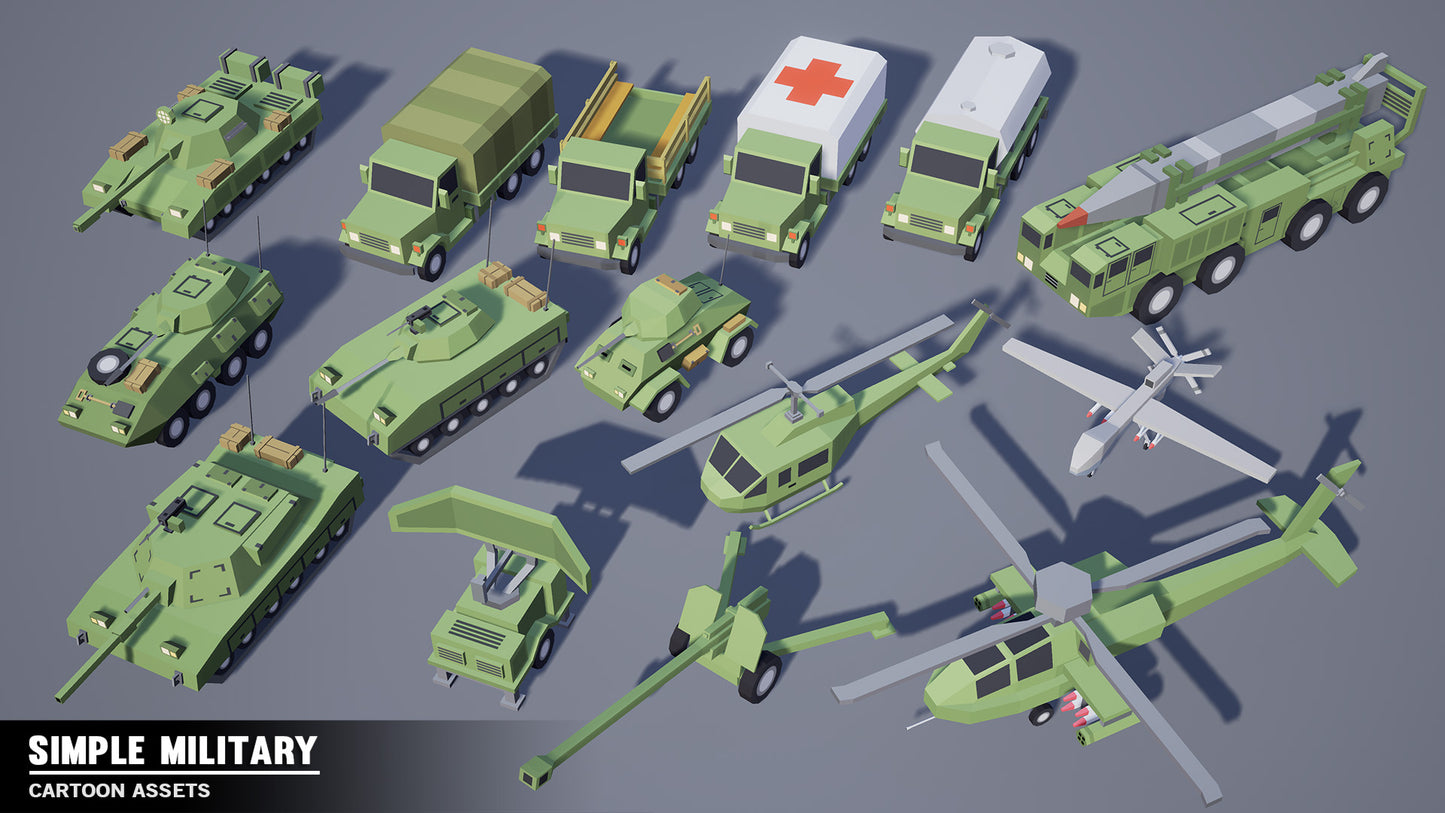 Simple Military vehicles assets available for creating low poly 3D games