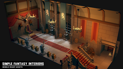 Simple Fantasy Interiors asset pack featuring a throne room with statues, chandeliers, banners and king's throne