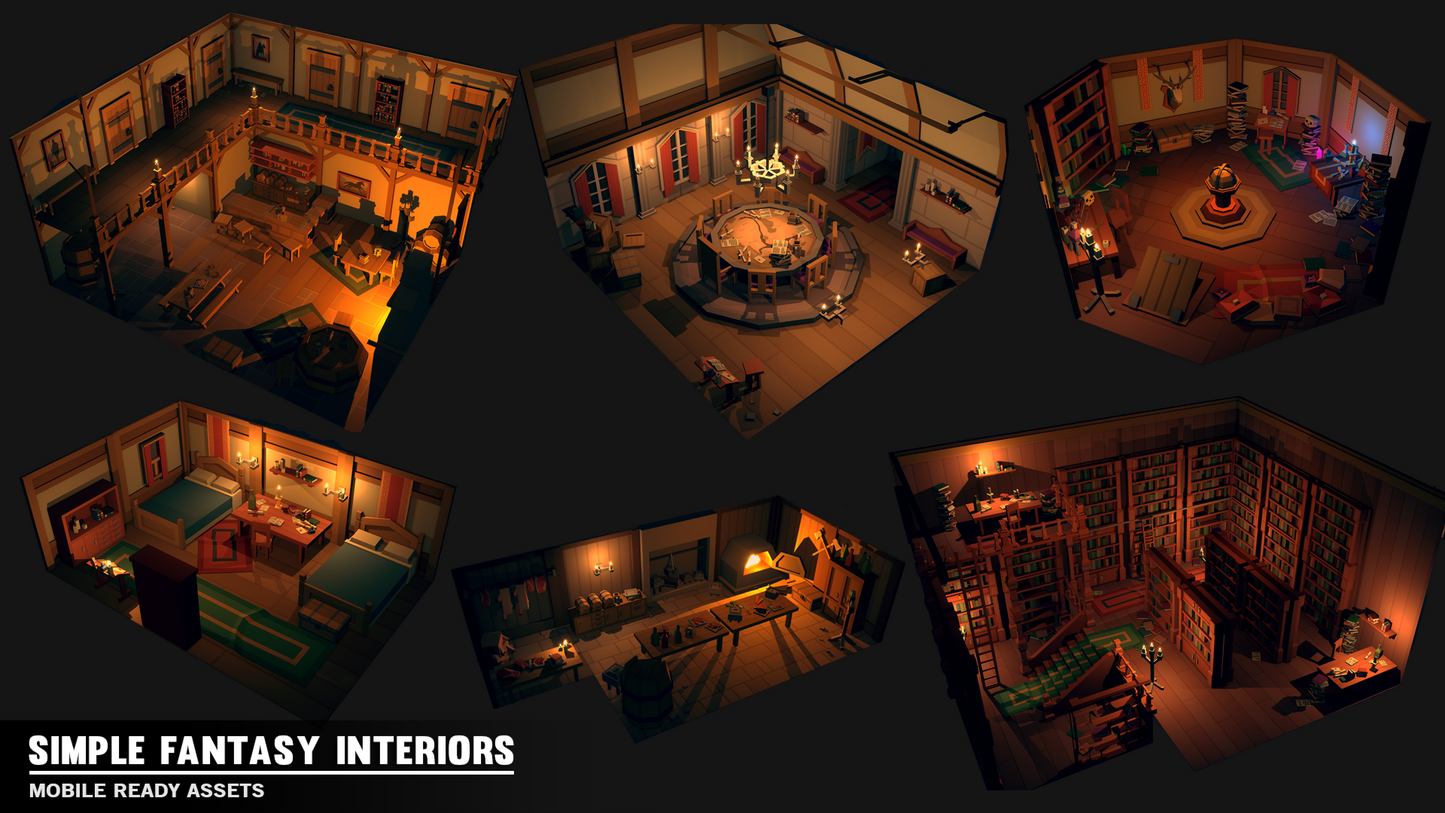 Six examples of interior rooms designed with Simple Fantasy Interiors game assets