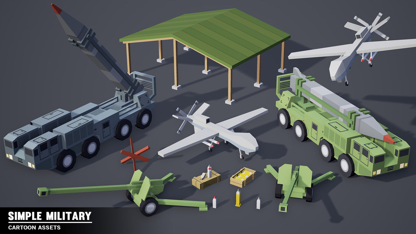 Air defence options for a 3D low poly airforce base including remote missle launchers, drones and artillery cannons