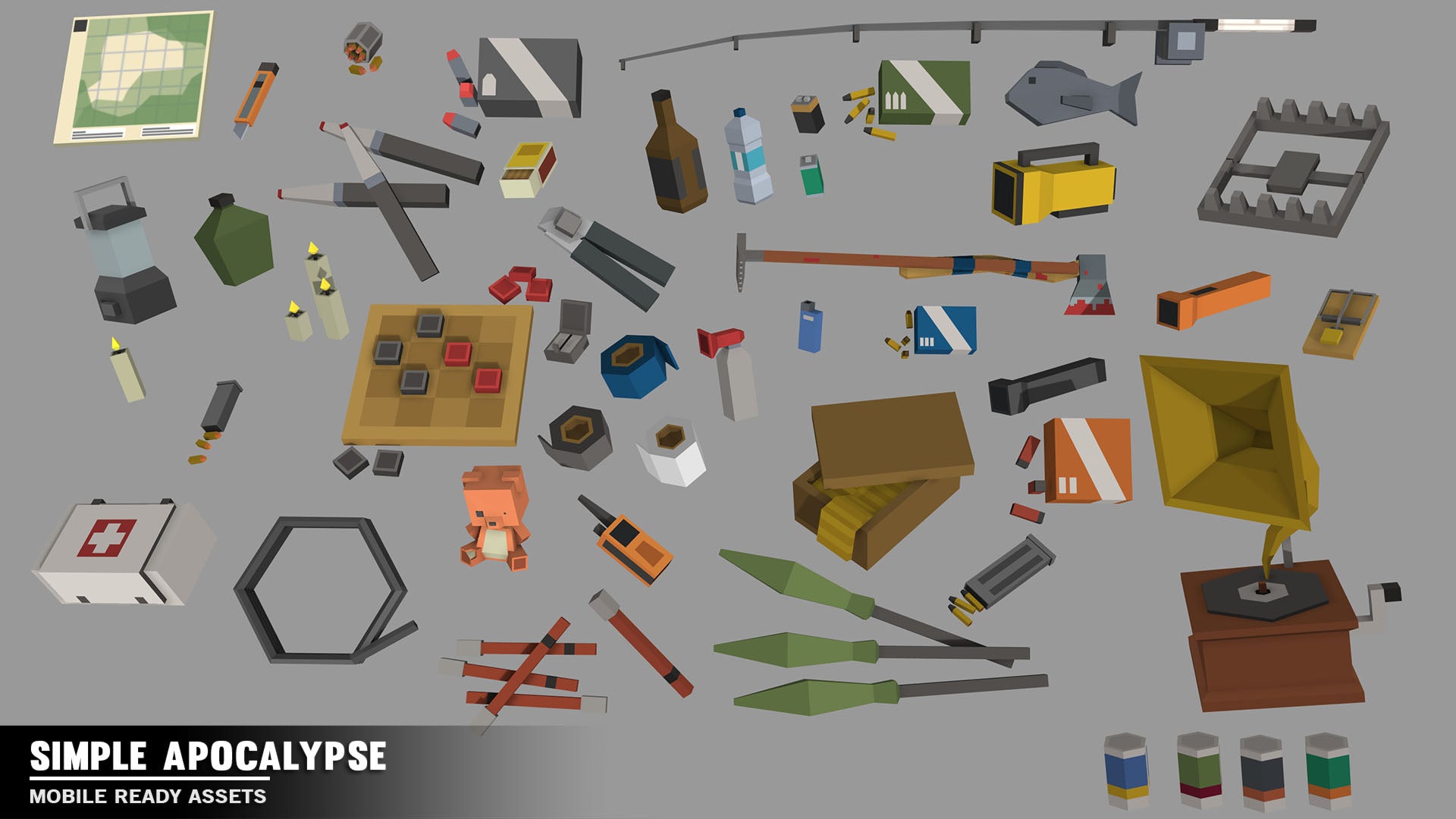 Survivor prop assets for decorating apocalypse game levels including bear traps, maps, flares, medkits and fishing gear