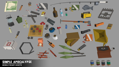 Survivor prop assets for decorating apocalypse game levels including bear traps, maps, flares, medkits and fishing gear