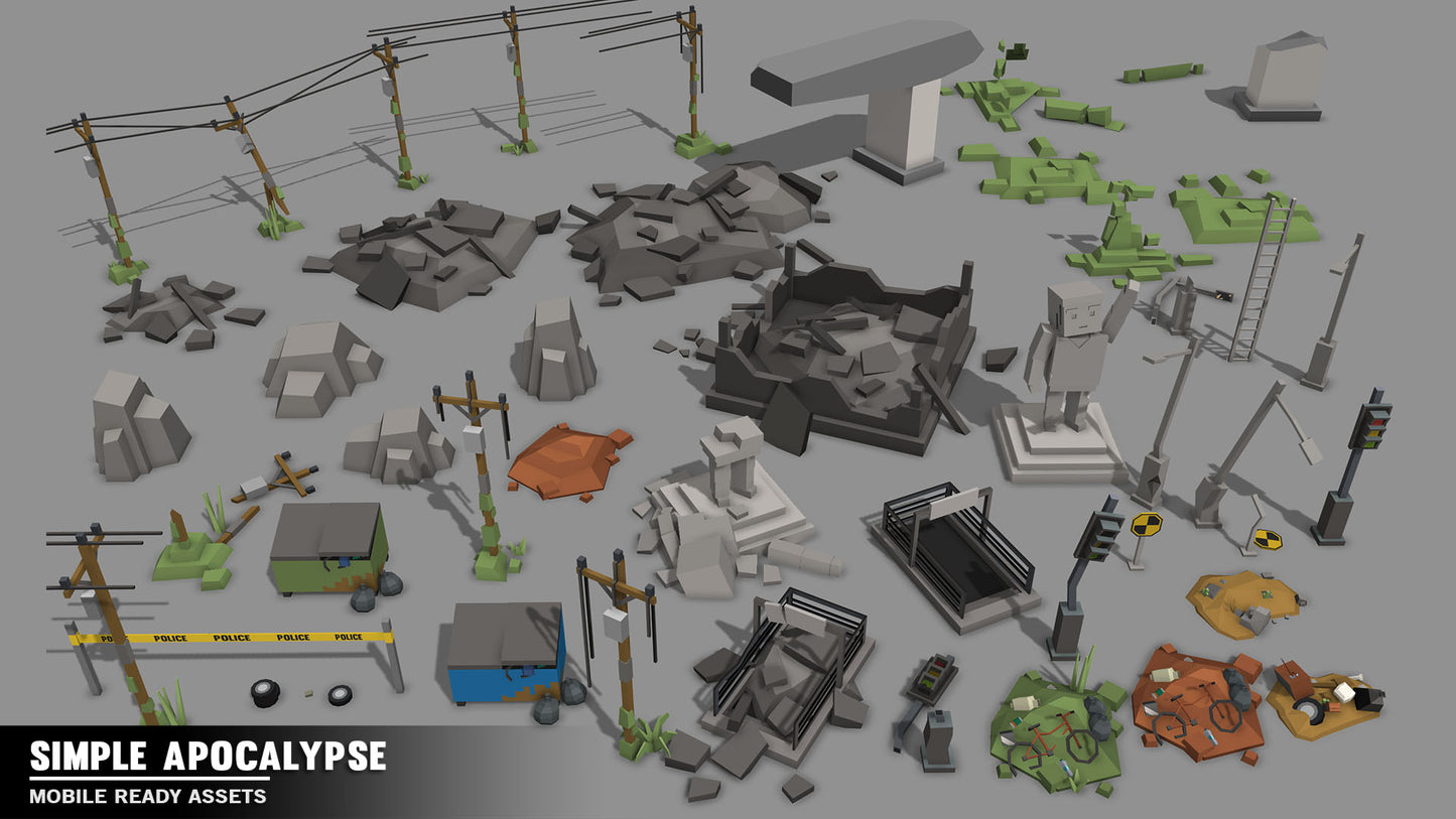 Mobile 3D game asset ruins, destroyed bridges, broken telephone lines and traffic lights