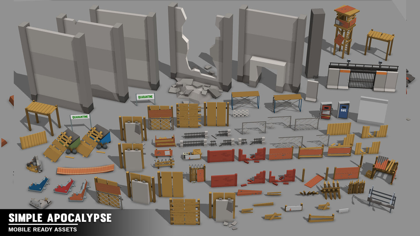 Makeshift defence shelters, barricades and walls for apocalypse Unity and Unreal Engine games