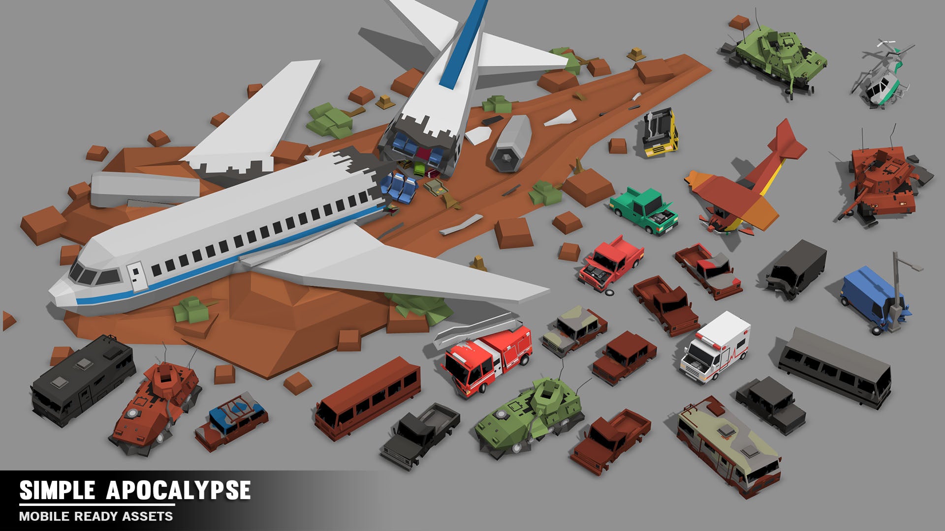 Crashed airplane site and wrecked vehicles for apocalypse game level design