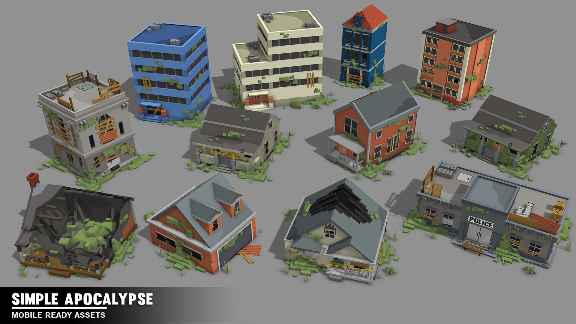 Mobile ready game assets including school buildings, apartment blocks and police station overgrown with vegetation