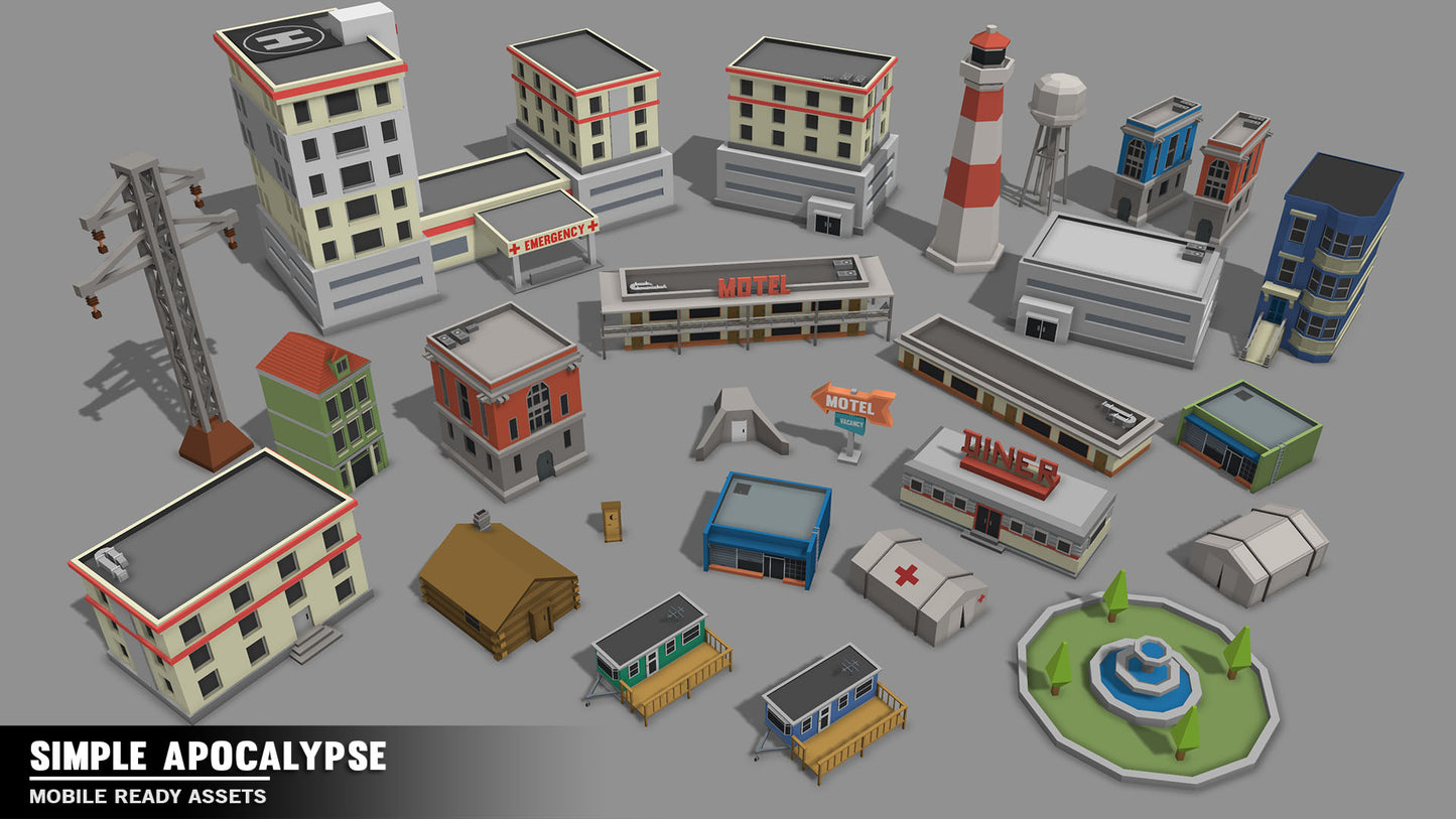 Hospital, diner and motel building assets for apocalypse mobile games