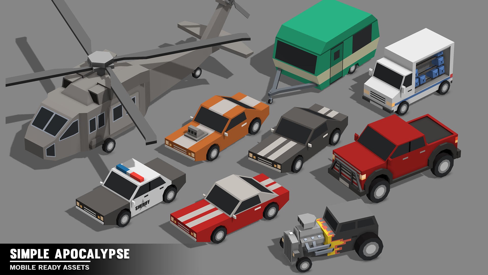 Simple Apocalypse mobile ready vehicle assets including hotrods, police cars and muscle cars