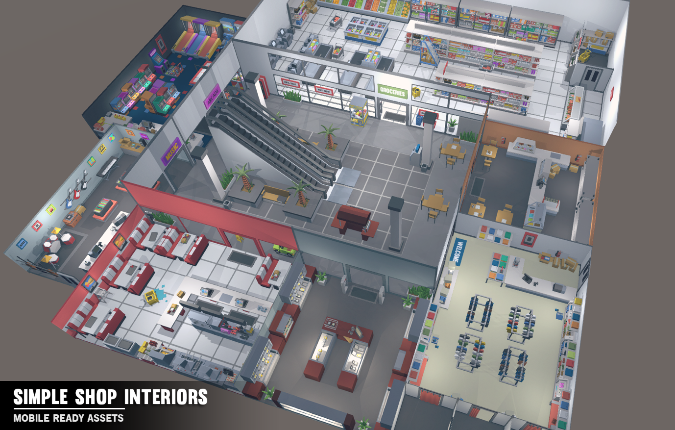 Aerial view of the interiors of a shopping mall built using Simple Shop Interiors game assets