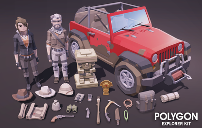 Low poly explorer male and female characters, vehicles, props and tools asset pack 