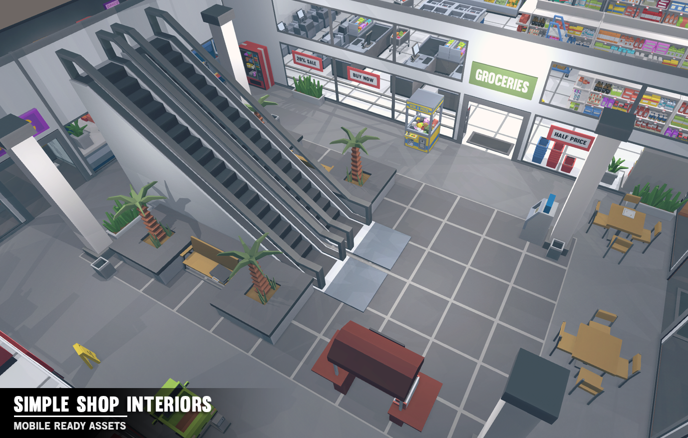 Grocery store interior shop game asset inside of a larger shopping mall with esclators in the middle of a foyer