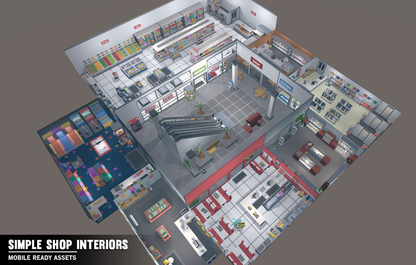 Simple Shop Interiors shopping mall modular game assets and components