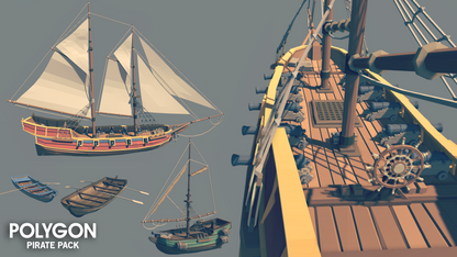 Low poly pirate ships in various sizes for game development