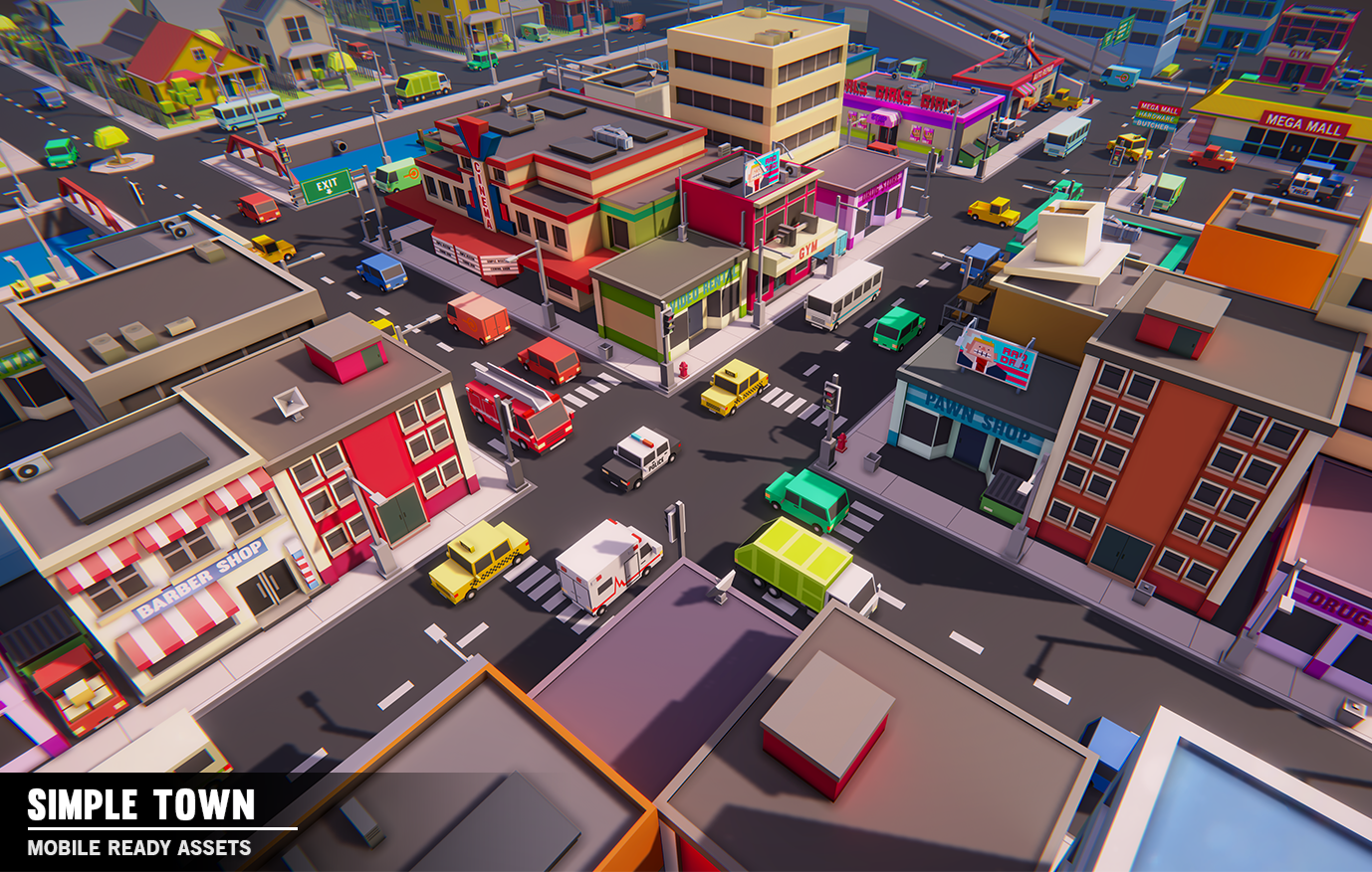 Aerial view of a low poly town with heavy traffic