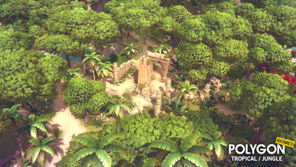 Aerial view of temple runs hidden in the middle of a tropical jungle